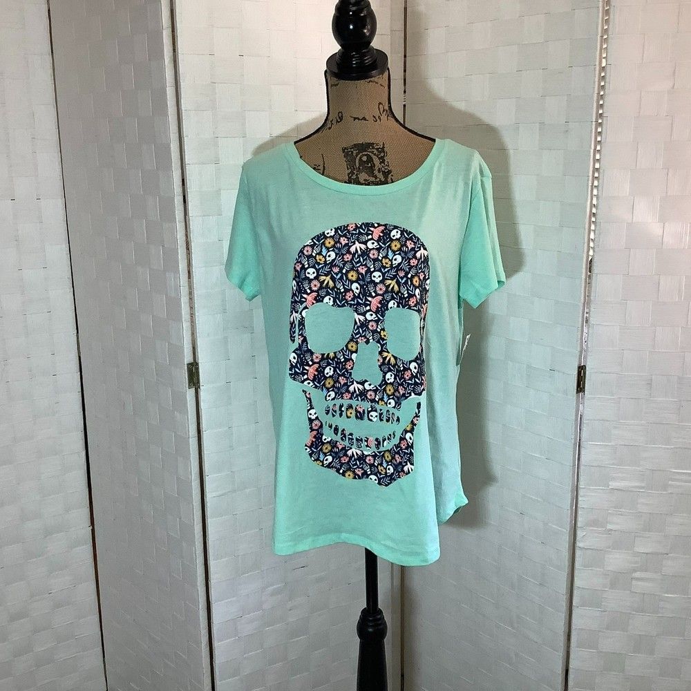 Nwt Ana Cabana teal skull floral print tee plus size 1X